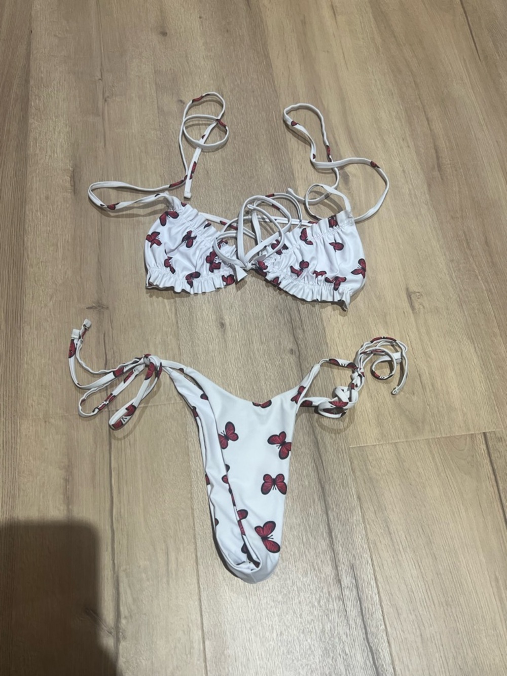 SHEIN White Bikini with Red Butterfly Print